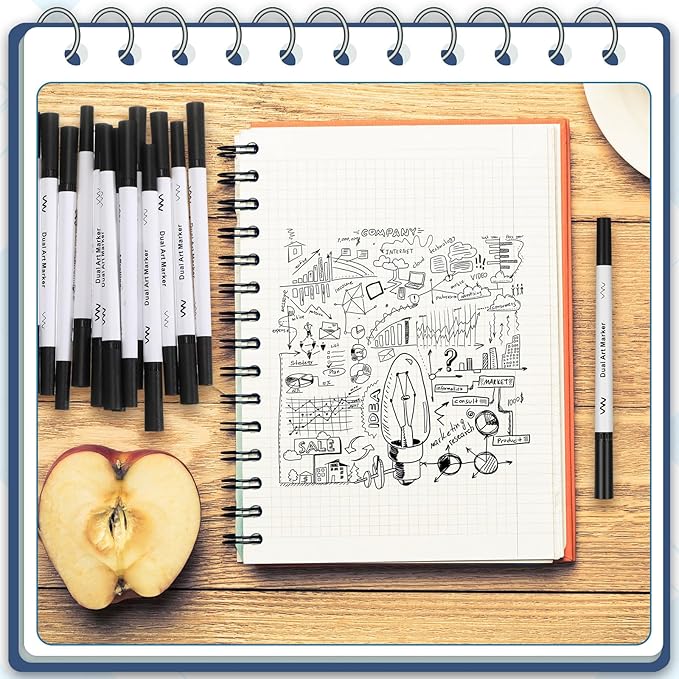 50 Pcs Black Drawing Pens Bulk Dual Brush Fineliners Pens Felt Tip Markers for Art Drawing Sketching