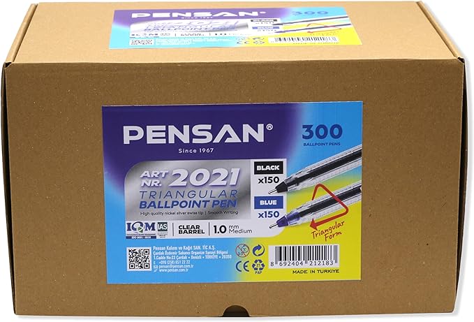 Ballpoint Pens Bulk Pack, 300-Count – (150 Black & 150 Blue) Ink Pens, 1.0mm Medium Point, Ergonomic Triangle Grip, Smooth Writing