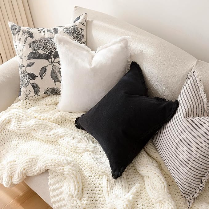 Foindtower Set of 2 Decorative Linen Fringe Throw Pillow Covers Cozy Farmhouse Boho Cushion Cover with Tassels Soft Accent Pillowcase for Couch Sofa Bed Living Room Home Decor 20×20 Inch Black