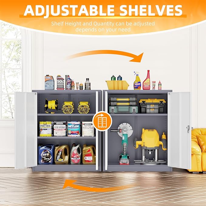 INTERGREAT Metal Cabinet with Lock, Lockable Metal Storage Cabinets with Doors and Shelves for Garage, Grey White Locking Garage Storage Cabinets 36"×32"×16"