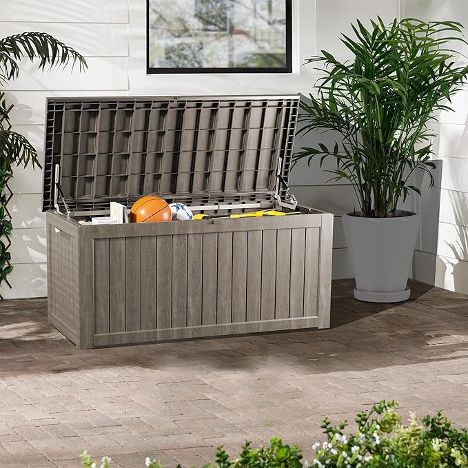 TARKARI 200 Gallon Lockable Resin Deck Box, Waterproof & UV-Resistant Outdoor Storage Box for Outdoor Cushion Storage, Garden Tools & Pool Accessories Storage, Gray