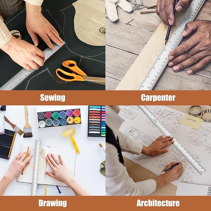 2PCS 36 Inch Metal Ruler, Stainless Steel Straight Edge Ruler with Cork Backing, Non-Slip Imperial & Metric Measuring Tool for School, Office, Woodworking, Drafting