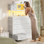 EnHomee 62.8" H Dresser for Bedroom with Multiple Fabric Drawers,White Dresser with Charging Station and LED Lights,Dressers & Chests of Drawers for Bedroom, Steel Frame & Wooden Top, Entryway