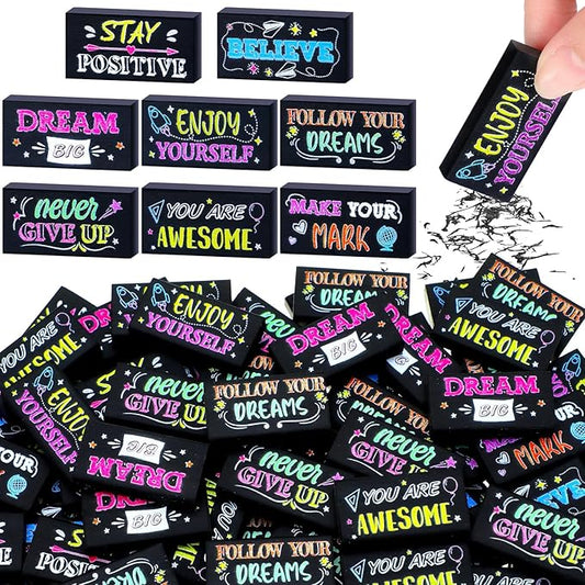 100 Pcs Inspirational Pencil Erasers Bulk for Kids Fun Motivational Eraser School Supplies Back to School Office Supplies for Classroom Office Teacher Artists (Colorful Chalkboard)