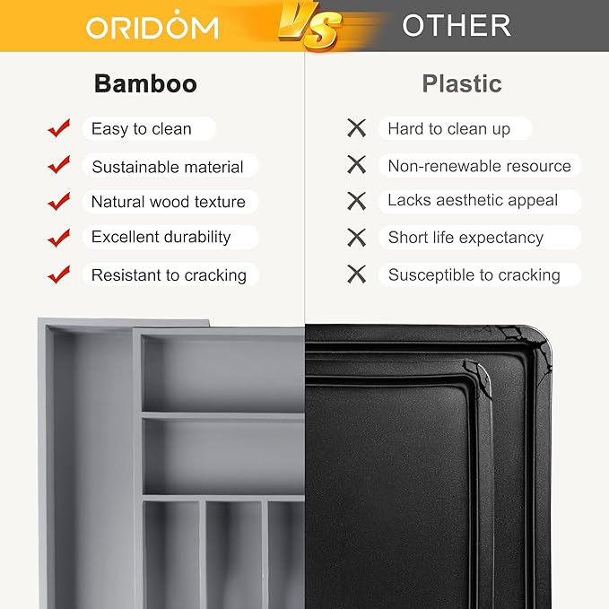 oridom Large Premium Bamboo Silverware Organizer - Expandable Drawer Organizer & Utensil Organizer - 17"x19.7" Cutlery Tray with Dividers for Kitchen Utensils and Flatware (7-9 Slots) (Grey)