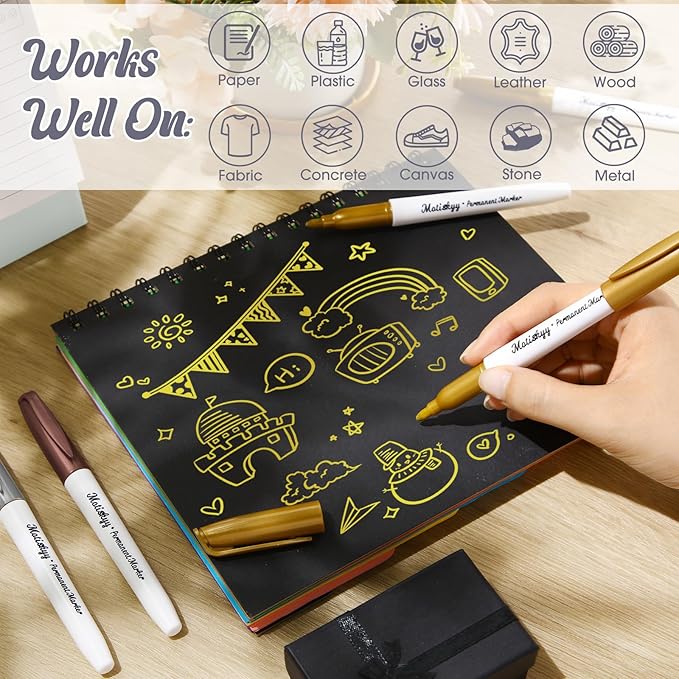 12 Pcs Metallic Permanent Markers Bulk Gold Silver Metallic Pens Fine Point Paint Markers for DIY Crafts Gift Card Making Artist Illustration(Gold Silver Copper)