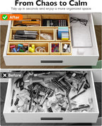 VA1KENE 12-Piece Bamboo Desk Drawer Organizer Set – Adjustable Storage Boxes with 24 Compartments, Non-Slip, Modular Design for Office, Jewelry, Vanity, and Kitchen Utensil Drawer Storage