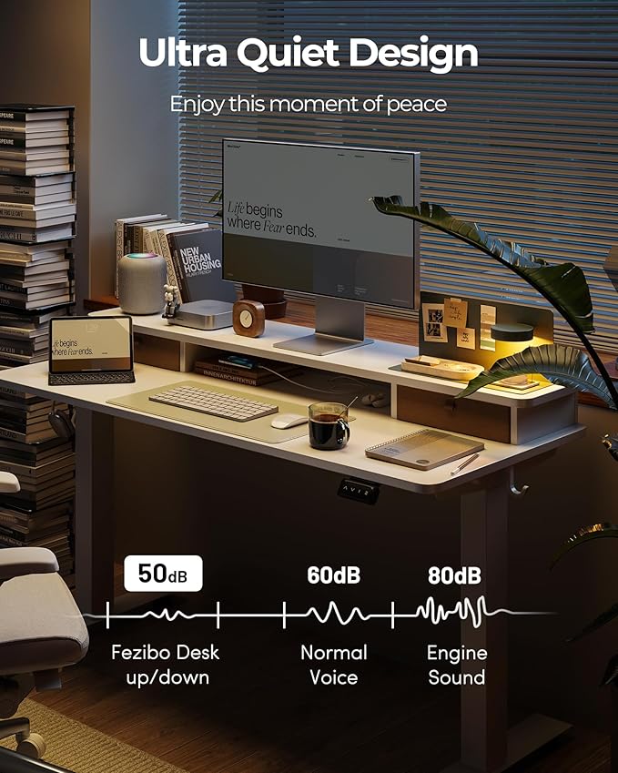 FEZIBO 55 x 24 Inch Height Adjustable Electric Standing Desk with Double Drawer, Stand up Home Office Computer Desk with 4 Height-Adjustable Feets & 2 Hooks, White