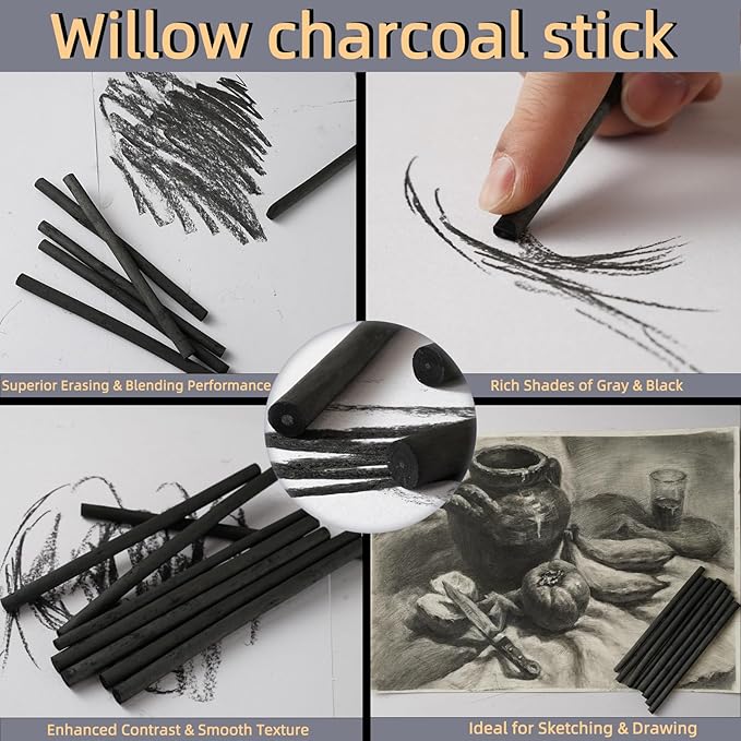 Trzzyan 25 PCS Willow Charcoal Sticks, Ideal for Artists, Beginners, Students, Perfect for Sketching, Drawing, Shading, and Fine Art, 5.7 Inches Long, 2-4,4-5,5-7,7-9 (2-4)
