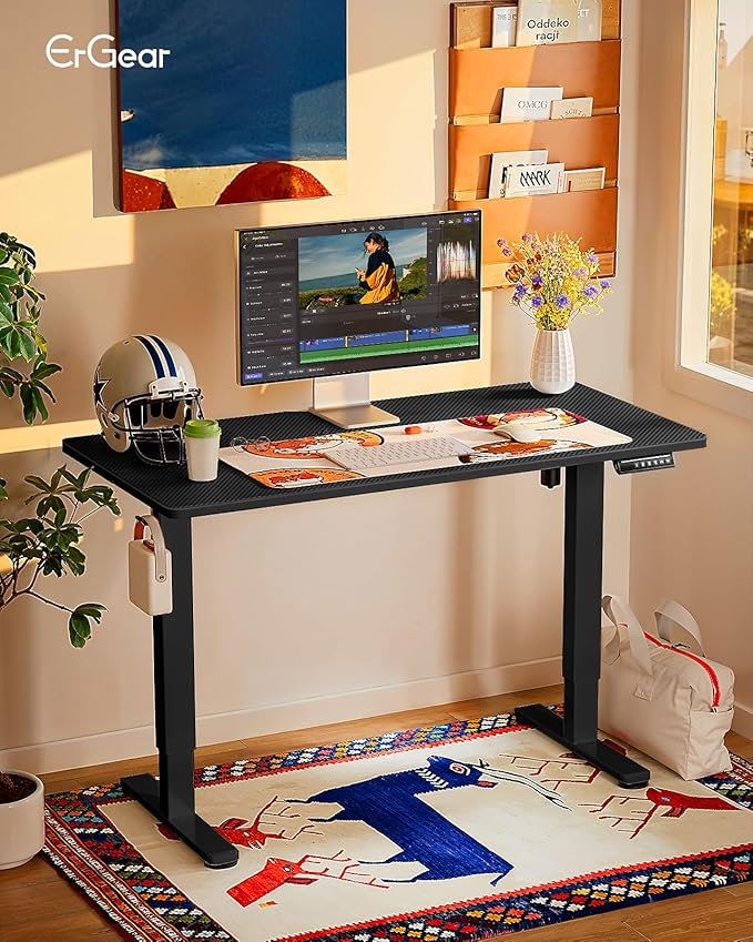 ErGear Height Adjustable Electric Standing Desk, 47.2 x 23.6 Inches Sit Stand up Desk, Memory Computer Home Office Desk with Two-Piece Desktop (Carbon Fiber Black)