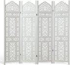 5.75Ft Room Divider Wood Screen, 33Lbs Durable Antiqued Style MDF Carved Headboard, Reversible Freestanding Folding Partition Paravent for Home Office, 69 * 71 inch(H*W) - 4 Panels (Rustic White)