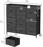 Welfuturer Black Dresser with LED Light 12 Drawers Dresser with Charging Station Dressers for Bedroom with 12 Fabric Drawers for Bedroom Hallway Entryway Closets Sturdy Steel Frame Wood Top Black