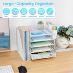 Gugsey Desk Organizer, 5-Tier Paper Letter Tray Organizer with File Holder, Drawer and Pen Holder, Desktop Organizer for Office Supplies, White