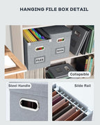 Oterri File Organizer Box with Lid, Hanging Filing File Box with Mesh Pocket, Document Organizer Box for Letter Files, Portable Storage Box with Smooth Sliding Rail for Office&Home(1 PCS, Grey)