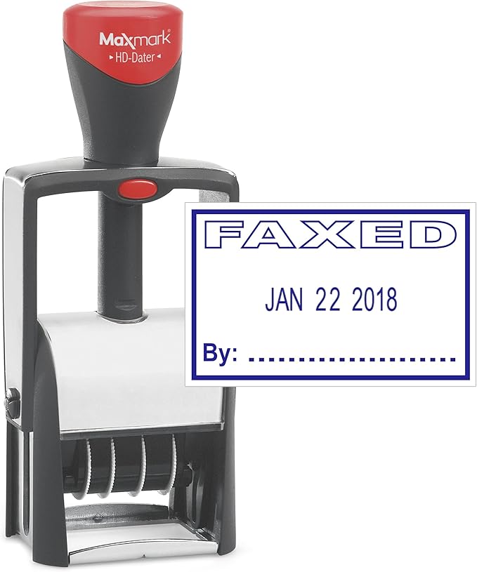 MaxMark Heavy Duty Self Inking Date Stamp with Phrase Faxed - Blue Ink