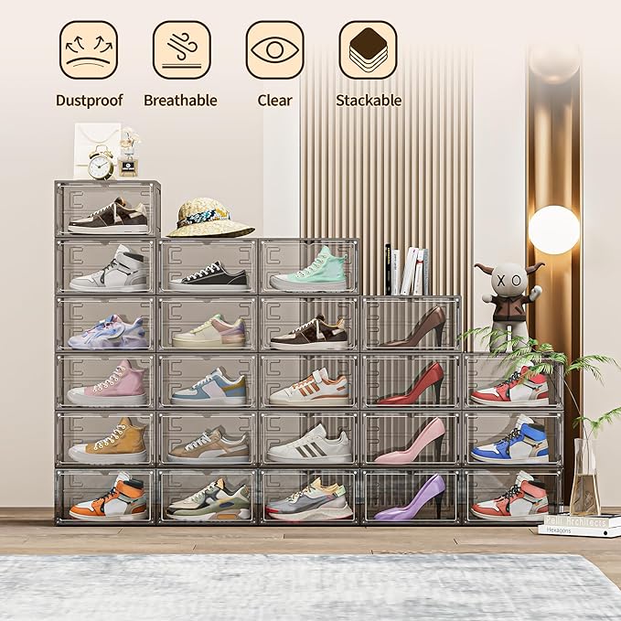 TOFWOF 6 Pack XX Large Shoe Organizer, Heavy-Duty Hard Thicken Plastic Clear Stackable Shoe Storage Box Organizer for Closet, Space-Saving Shoe Rack Display Case Bin Containers for Sneakers, Grey