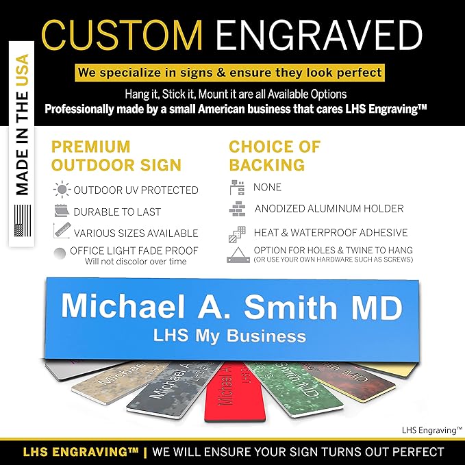 Custom Name Plate with Choice of Mounting for Walls, Doors, Cubicles, Hanging and More - Personalized Light Blue Plastic White Letters - USA Made 2x10 - B1