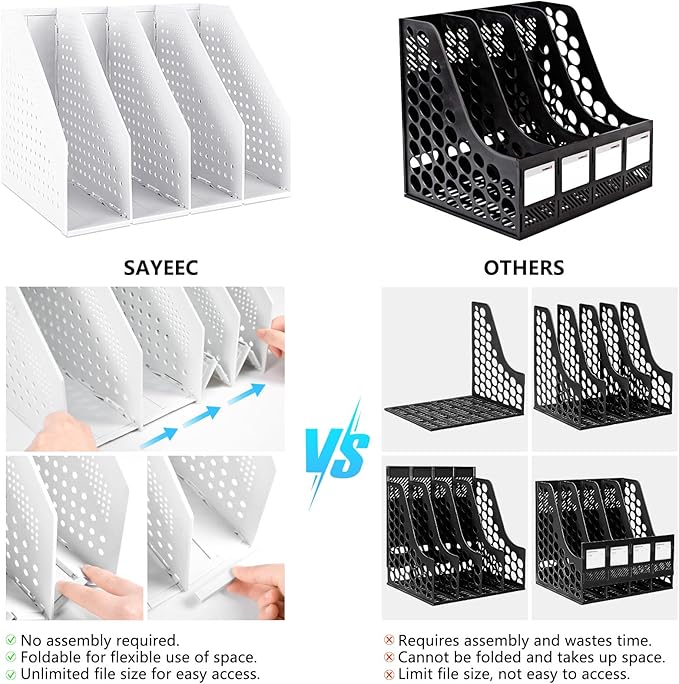 SAYEEC Collapsible Magazine Holder Plastic Desktop 4 Compartment File Desk Magazine Organizer Vertical File Divider Sorter Storage Document Organizer for Office Home School Gray