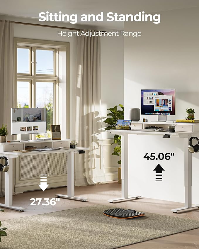 FEZIBO 60 x 24 Inch Height Adjustable Electric Standing Desk with Double Drawer, Stand up Home Office Computer Desk with 4 Height-Adjustable Feets & 2 Hooks, White