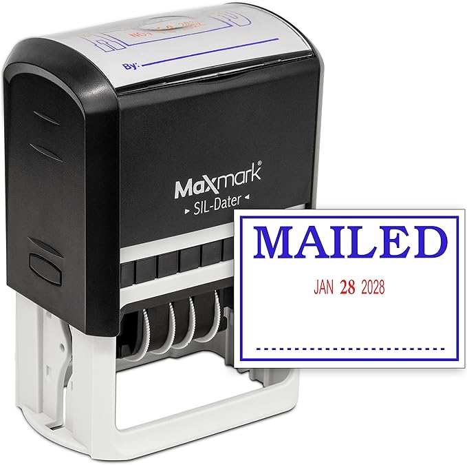 MaxMark Large Self-Inking Rubber Date Office Stamp with Mailed Phrase & Date - Blue/Red Ink, 12-Year Band - Style 3