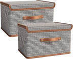 Tuza 2 Pack Storage Bins with Lids, Collapsible Closet Organizer Container, Fabric Organizer Box with Handles, Decorative Storage Boxes with Lids for Organizing Clothes, Books, Light Grey, Large
