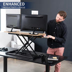 VIVO 36 inch Desk Converter, K Series, Height Adjustable Sit to Stand Riser, Dual Monitor and Laptop Workstation with Wide Keyboard Tray, Reclaimed Wood Top, Black Frame, DESK-V036KP