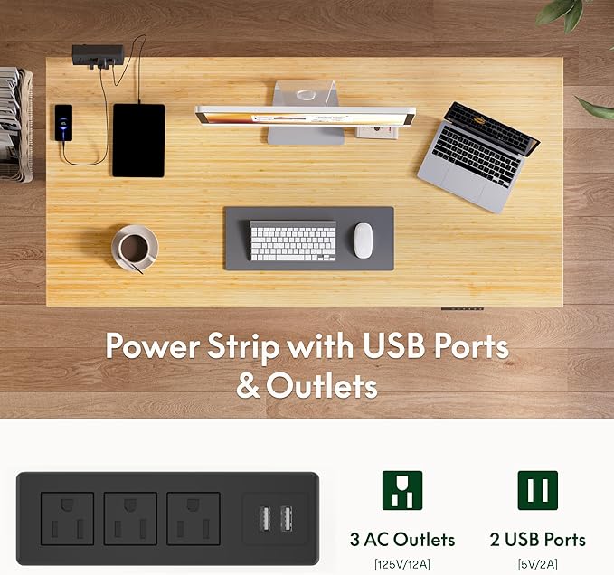 FLEXISPOT EN2 Whole-Piece Bamboo Standing Desk with Clamp Power Strip, 55 x 28 Electric Stand Up Height Adjustable Desk with Cable Management (Black Frame + 55" Bamboo Top, 2 Packages)