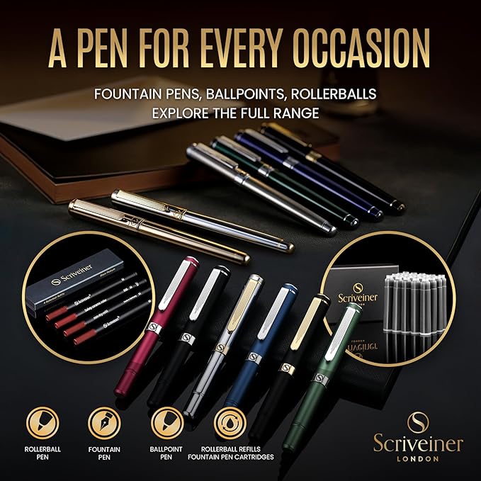 Scriveiner Luxury Fountain Pen - Stunning Black Lacquer Pen, Real Gold Finish, Schmidt Gilded Nib (Extra Fine), Converter, Best Pen Gift Set for Men & Women, Professional, Executive, Office, Nice Pens