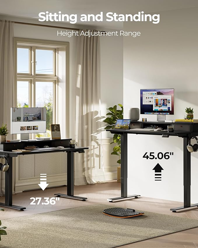 FEZIBO 60 x 24 Inch Height Adjustable Electric Standing Desk with Double Drawer, Stand up Home Office Computer Desk with 4 Height-Adjustable Feets & 2 Hooks, Black