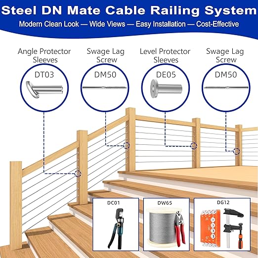 Steel DN Mate 120 Pack Stainless Steel Protector Sleeves for 1/8" Wire Rope, Cable Railing Hardware for Deck/Cable Railing System, T316 Marine Grade, Cable Sleeves Come with a Drill Bit DE100