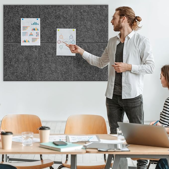 AKTOP Cork Board Bulletin Board 24"x36", 6 Pack Removable Felt Cork Board Tiles for Wall, Large Corkboard Notice Pin Board for Office, School & Home,24 Safe Adhesive Tabs, 20 Push Pins, Dark Grey