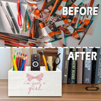 XPH Pink Coquette Bow Preppy Pen Pencil Holder Organizer for Desk, Preppy Desk Decor, I'm Just a Girl Pink Wooden Box Sign for Girly Room Bedroom Dorm Tabletop Decorations