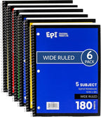 EPI Spiral Notebook | 5 Subject - Wide Ruled - 180 Sheets, Durable Spiral Binding | 10.5 x 8 in | Classroom Supplies | School, Office, Note Taking, Journaling - 6 Pack