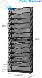 Solinxe 12-Tier Wall File Organizer, Mesh Mail Organizer Wall Mounted Paper Document Holder, Vertical Magazine Rack, Metal Hanging Clipboard Storage Basket for Office Home School Organization, Black