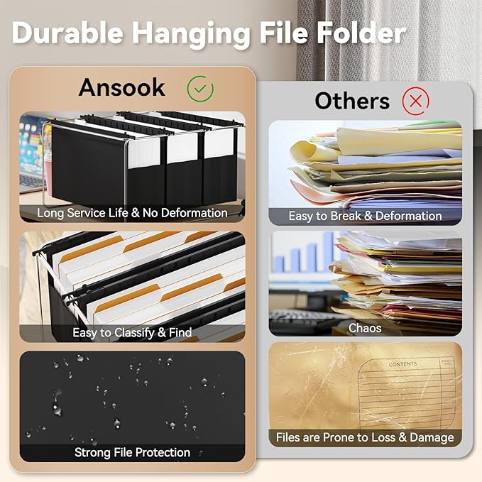 Ansook Extra Capacity Hanging File Folders Legal Size,Heavy Duty 4" Expansion, File Cabinet Folders with 1/5 Tabs,6 Pack Expandable File Folder Organizer,Hang Folder for File Frame & File Box