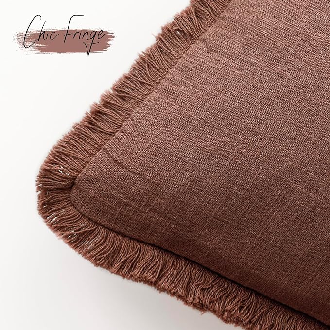 Foindtower Set of 2 Decorative Linen Fringe Throw Pillow Covers Boho Farmhouse Cushion Cover with Tassels Accent Pillowcase for Couch Chair Sofa Bed Living Room Home Decor,16×16 Inch,Rust Red