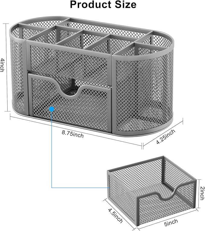 EasyPAG Mesh Pen Holder Desk Organizer with Drawer Stationery Supplies Organizer for Dorm School 9 Compartments Workspace Desk Accessories Organization for Office, Silver