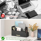 Wisuse Desk Mail Organizer with Drawer - Bamboo Wooden File Bill Sorter Storage Box for Desktop, Letter Countertop Holder for Home Office School Organization Tabletop Accessories Supplies (Black)
