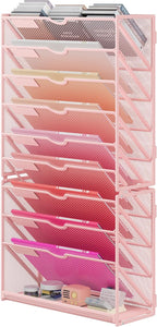 Lavatino 10-Tier Hanging Wall File Folders Organizer - Pink Metal Mesh Paper Magazine Document Mail Holder File Organizer for Office School Home Wall Mount or Desk Supplies Organization