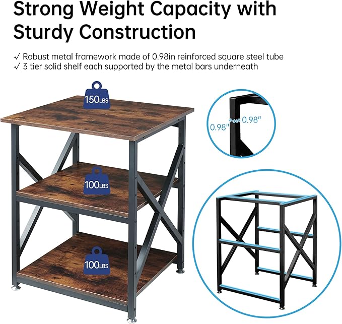 23.6 x 23.6 Inches Large Printer Stand, 3 Tier Square Printer Table with Height Adjustable Storage Shelf, Rolling Printer Cart with Industrial Wheels for Home Office - Rustic Brown