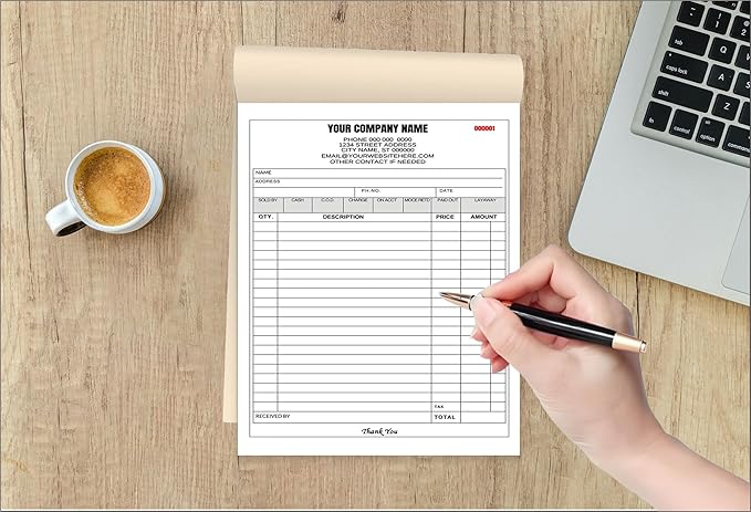Custom Carbonless Invoice Book with Logo, Personalized Cover & Inner Pages, 2 Part NCR Receipt & Work Order Forms, Easy Tear, Writing Shield for Small Business (2-Part [White/Red], 11.8x8.3INCH)