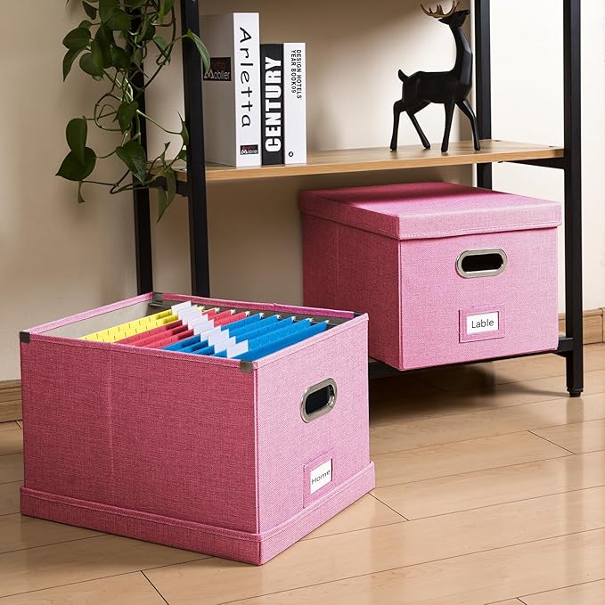 PRANDOM File Organizer Box - Set of 1 Collapsible Decorative Linen Filing Storage Hanging File Folders with Lids Office Cabinet Letter/Legal Pink (17x14x11.2 inch)