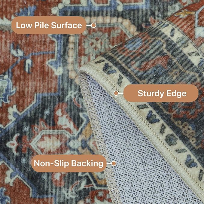 GENIMO 8x10 Area Rugs for Living Room, Machine Washable Non Slip Vintage Rugs, Low Pile Lightweight Chenille Print Rug for Bedroom, Dining Room, Home Office,Bordeaux