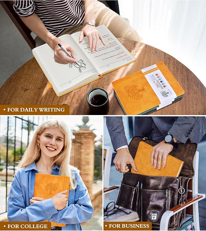 A5 Lined Journal Notebook - 365 Page Leather Journals for Writing Women & Men，Hardcover Notebook with 100Gsm Thick Pages，Daily Diary for Travel, Work，School，Note Taking，College Ruled (5.9" x 8.5")