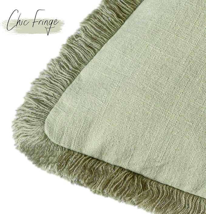 Foindtower Set of 2 Decorative Fringe Throw Pillow Covers Boho Farmhouse Cushion Cover with Tassels Soft Accent Pillowcase for Couch Sofa Bed Living Room Home Decor,20×20 Inch,Light Sage Green