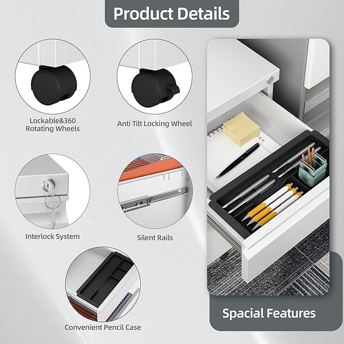 3 Drawer Mobile File Cabinet with Lock, Under Desk Metal Filing Cabinet for Office,Home,A4/Legal/Letter Size, Fully Assembled (White)