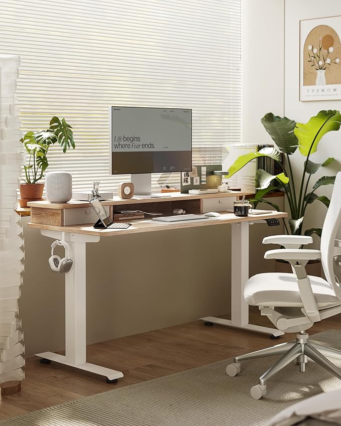 FEZIBO 48 x 24 Inch Height Adjustable Electric Standing Desk with Double Drawer, Stand up Home Office Computer Desk with 4 Height-Adjustable Feets & 2 Hooks,Maple