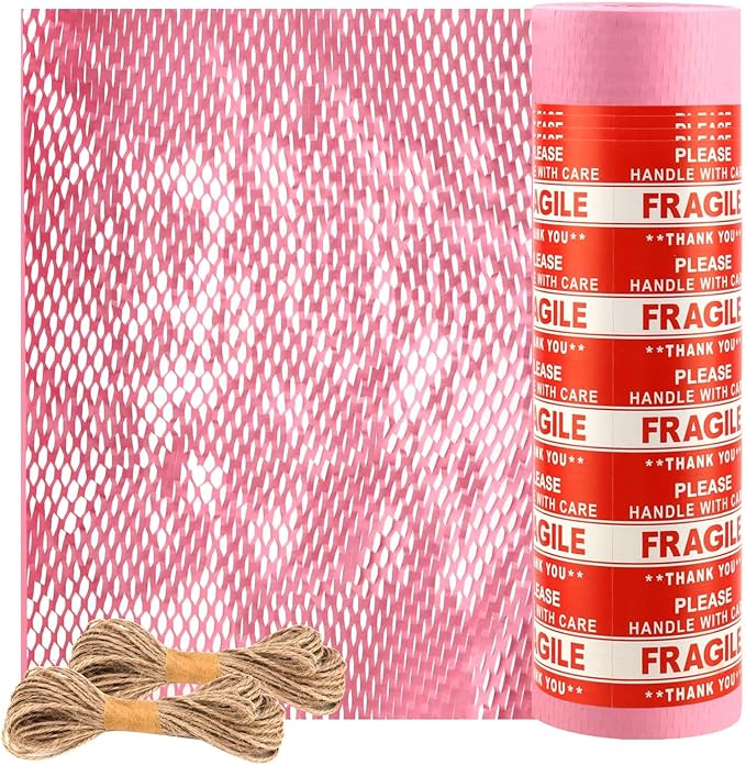 JAPCHET 15 In x 328 Ft Pink Honeycomb Packing Paper, Honeycomb Paper with Sticker Labels and 10 m Rope Honeycomb Wrap Roll for Packaging and Shipping
