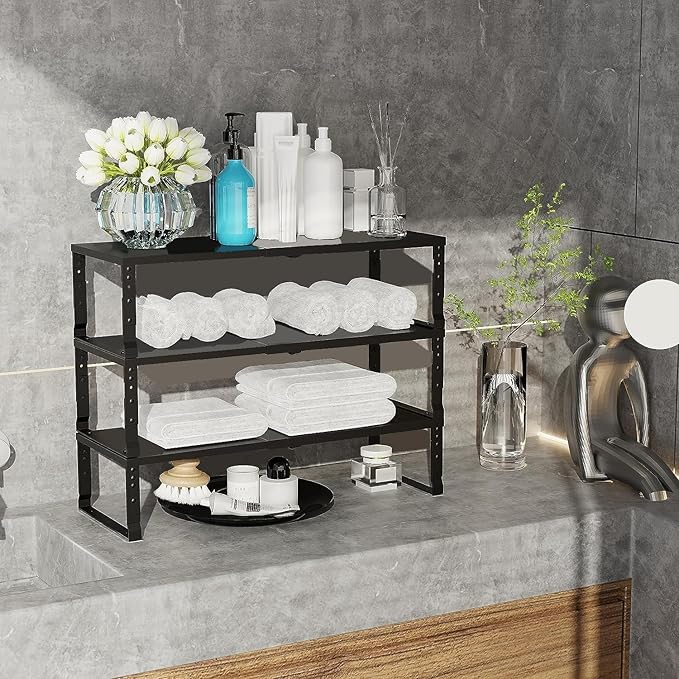 Jojocross Expandable Cabinet Shelf Organizer Storage Spice Rack Shelves for Kitchen Stackable Adjustable Pantry Cupboard Bathroom Countertop Desktop(2Packs/Black/Large)