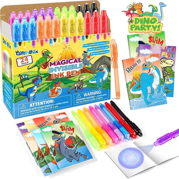 Invisible Ink Pens with UV light for Kids, Spy Pen Dinosaur Party Favors for Kids 8-12, 24Pack Invisible Ink Pen and Notebook, Magic Marker for Secret Message Birthday Party Favors for Kid 4-8